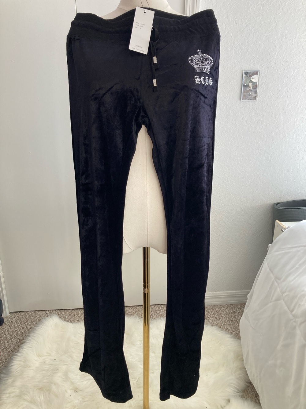 BCBG Black Velour Joggers with Crown Embroidery